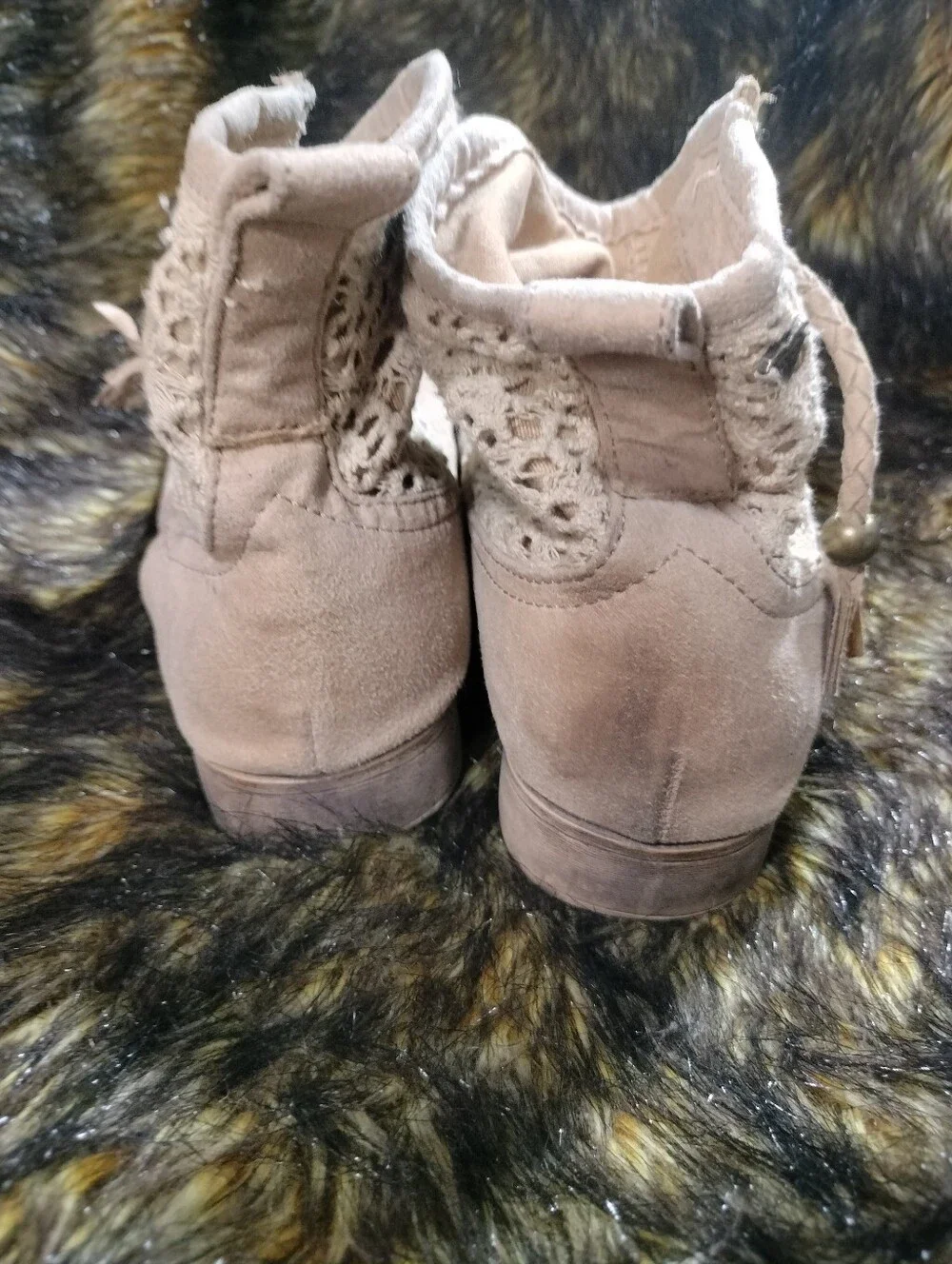 Roxy Taupe Suede Ankle Boots with Crochet Cuff